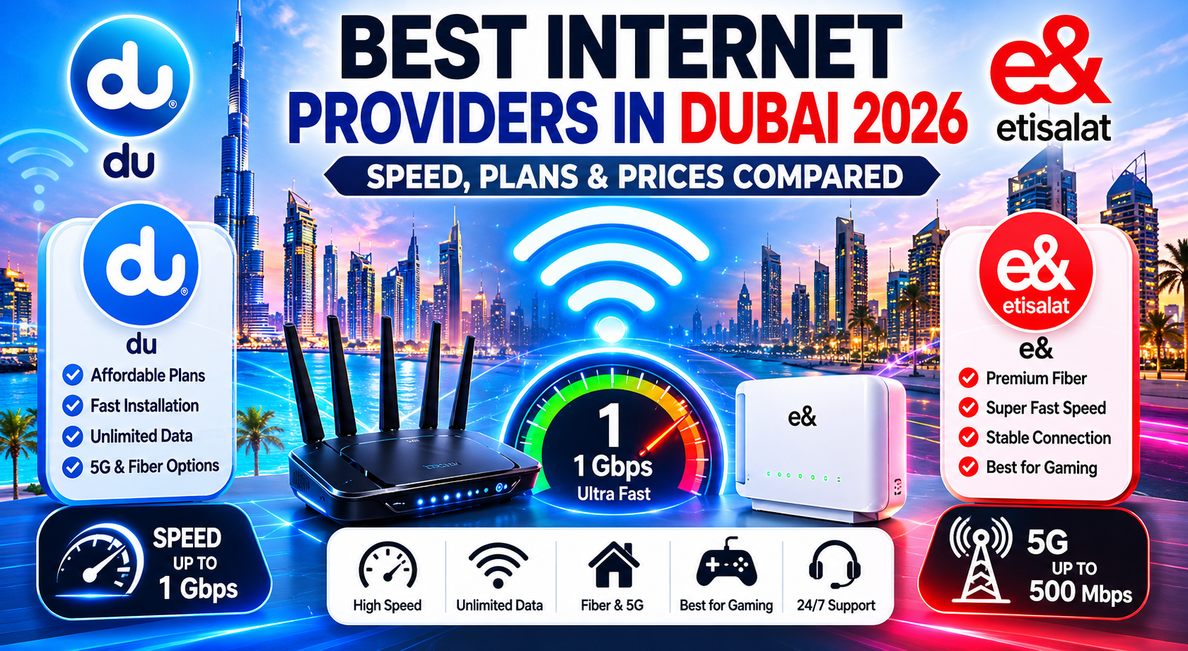 Best Internet Providers in Dubai 2026 speed plans prices comparison between du and e&