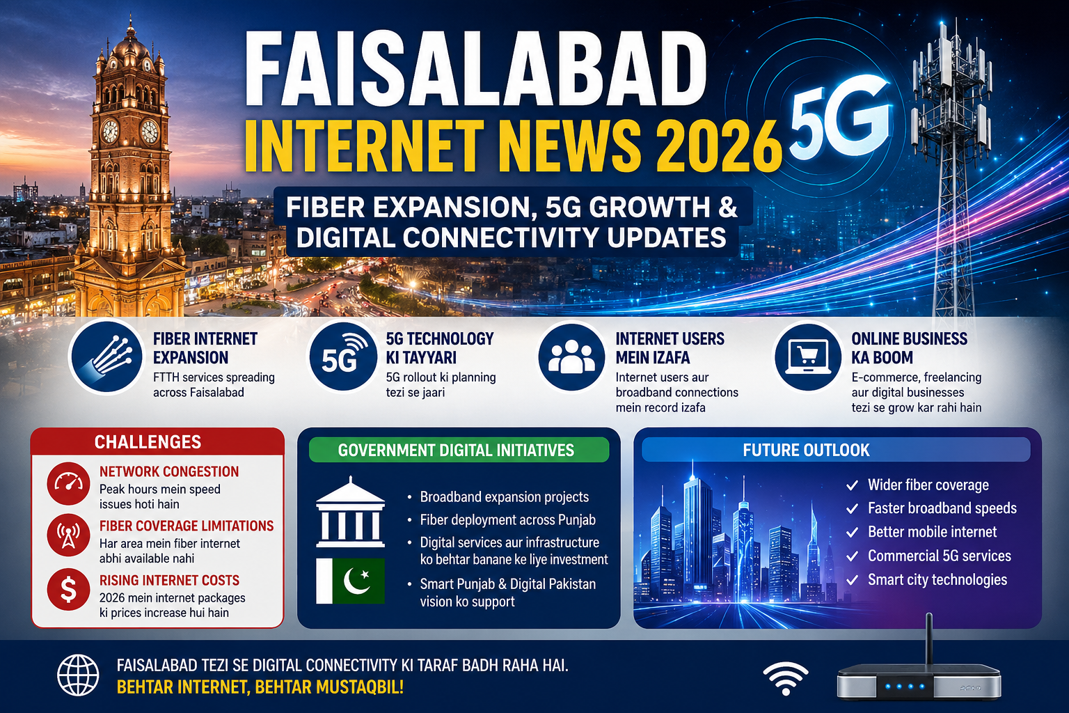 Faisalabad Internet News 2026 showing fiber internet expansion, 5G growth, and digital connectivity developments in Faisalabad Pakistan