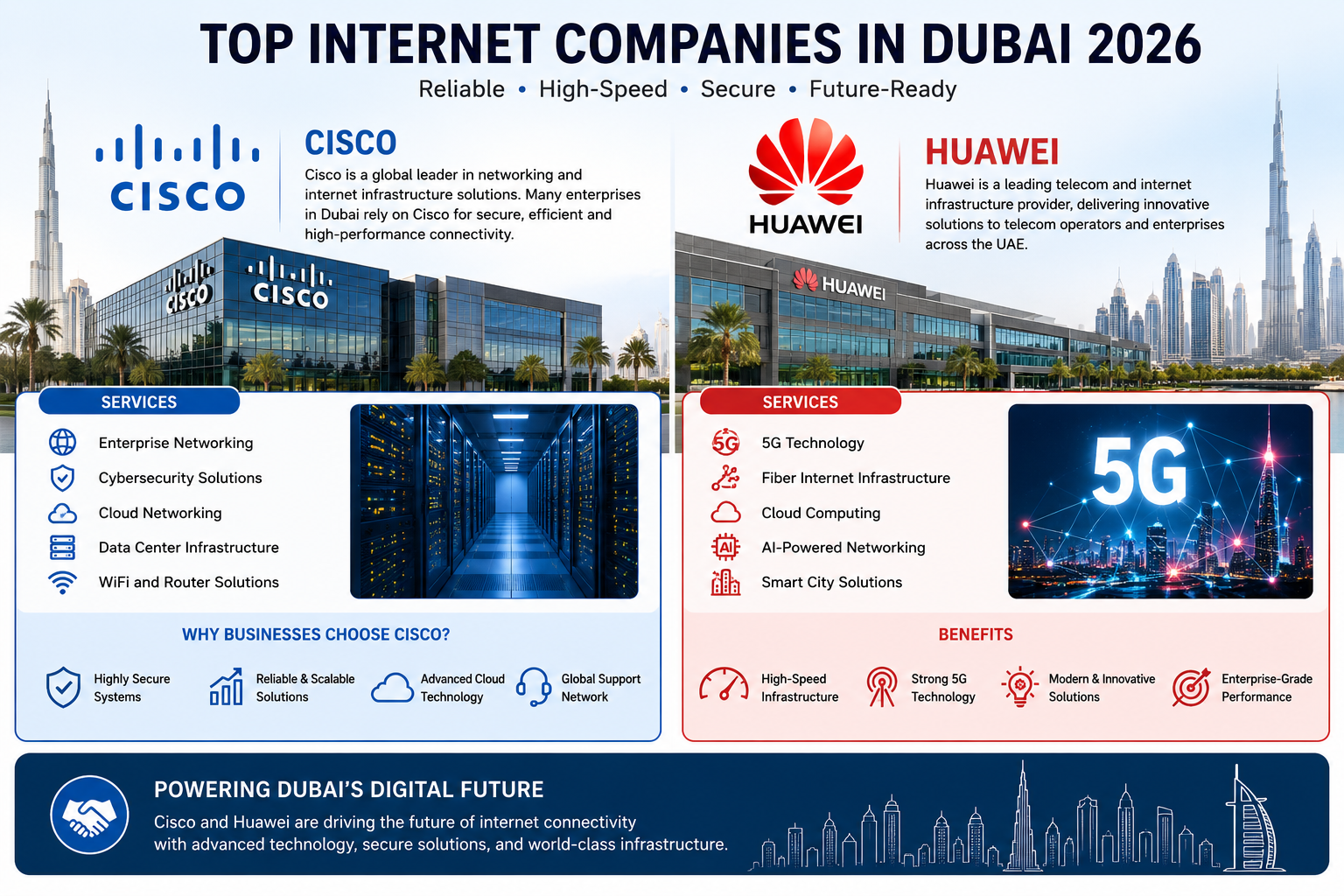 Cisco vs Huawei dubai internet companies in Dubai 2026 infographic with 5G, cloud networking, and enterprise internet solutions.