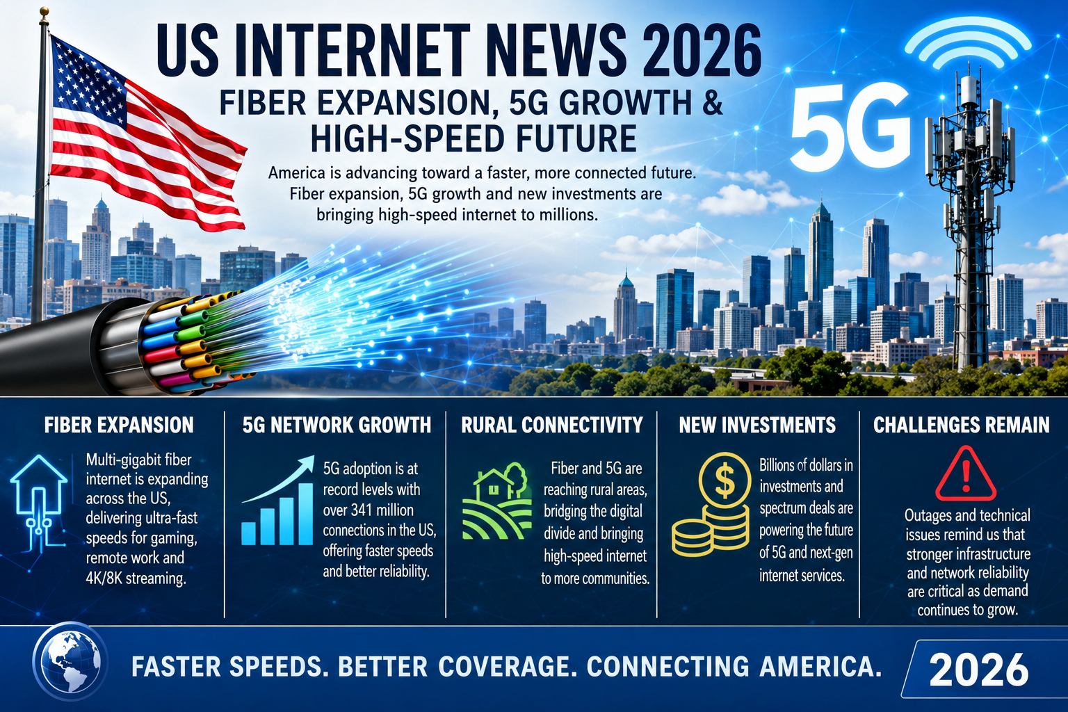 US Internet 2026 showing fiber internet expansion, 5G network growth, and broadband development across America.