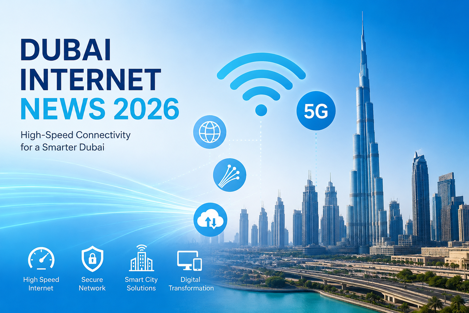 Dubai Internet News 2026 image showing Burj Khalifa, 5G technology, fiber internet network, and smart digital connectivity in Dubai.
