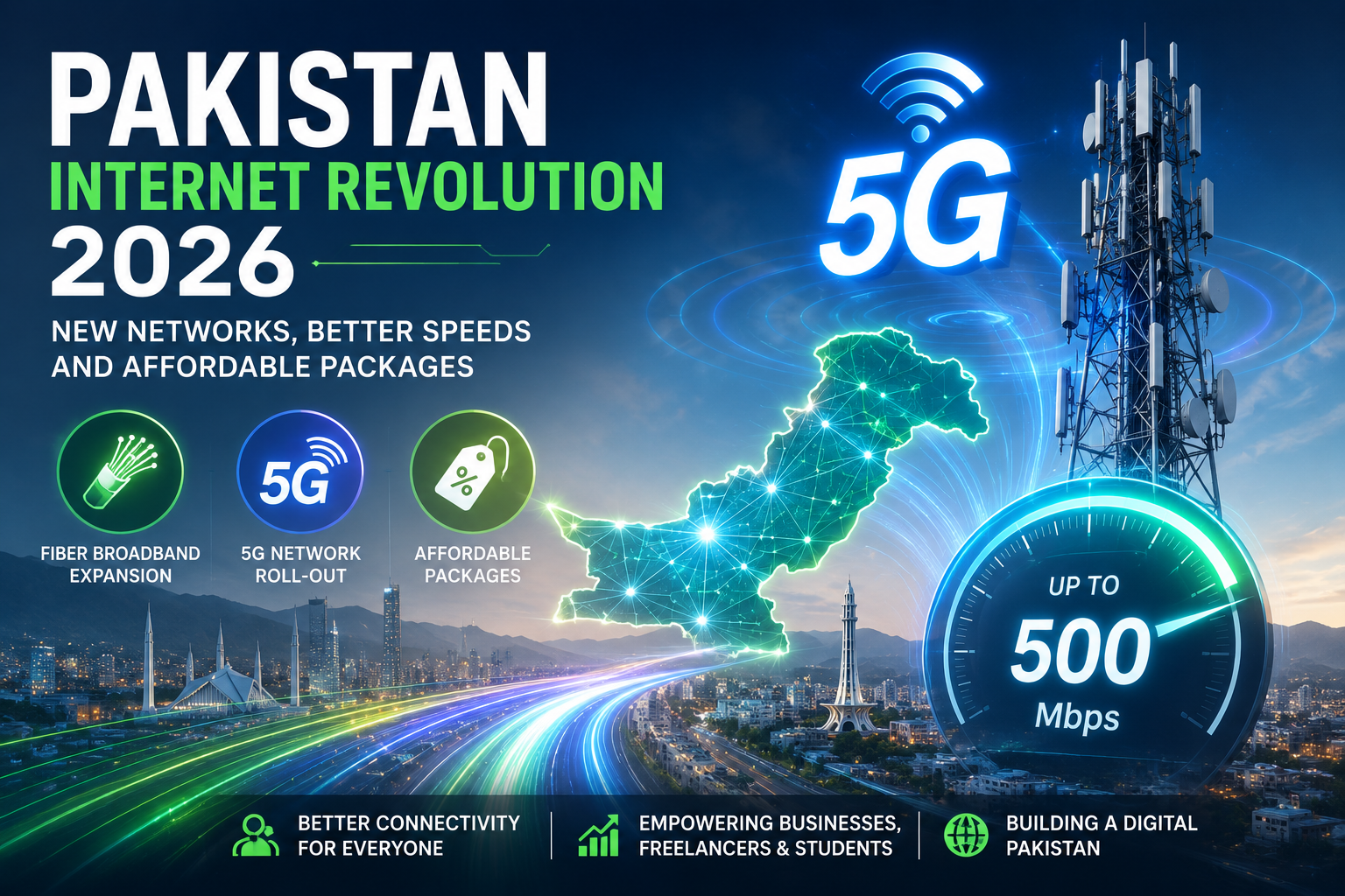 Pakistan Internet Revolution 2026 showing fiber broadband expansion, faster internet speeds, and new network infrastructure.