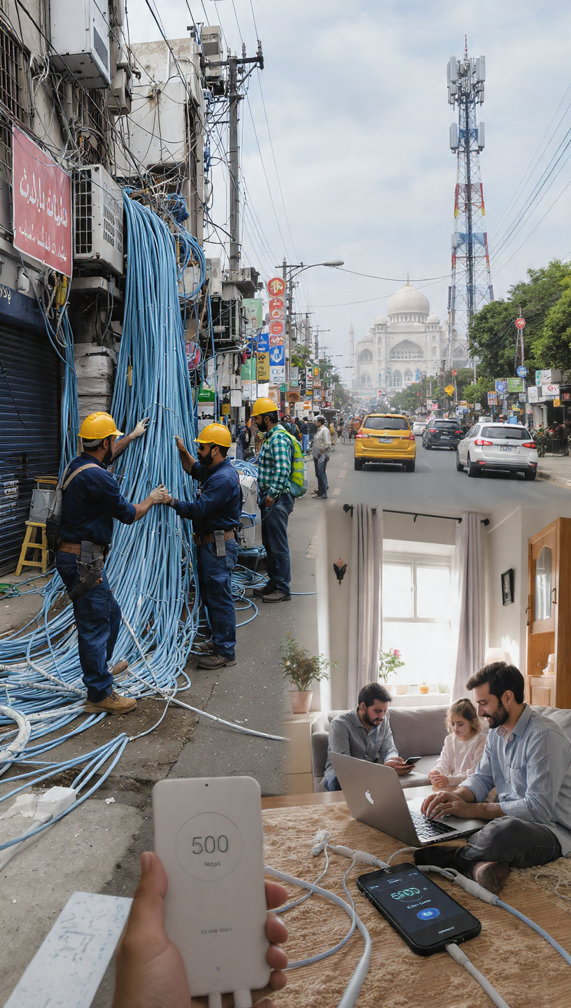 Islamabad Internet 2026 fiber optic installation and 5G tower, high speed connectivity ending user frustration at home